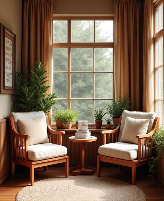 A cozy reading corner in Margin Cafe with comfortable chairs and a small table.