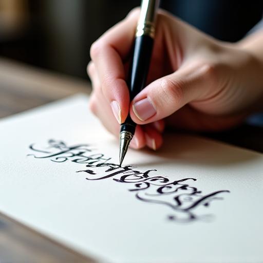 A hand holding a calligraphy pen, writing script on fine cotton paper.