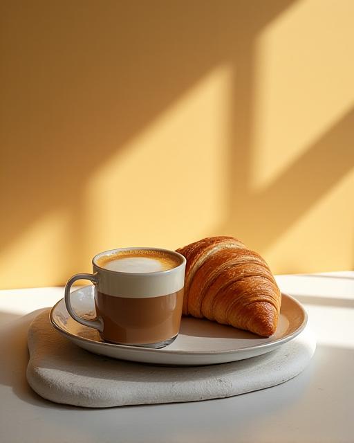 A perfectly poured latte next to a golden croissant on a ceramic plate.