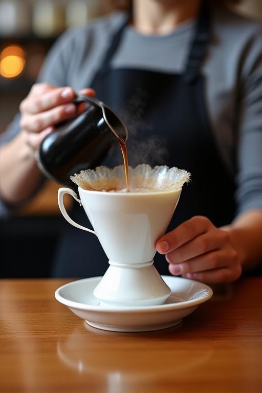 A barista carefully making a pour-over coffee.