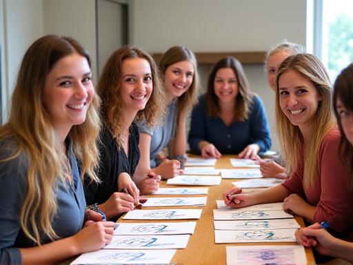 Smiling attendees at a calligraphy workshop, showing their work.