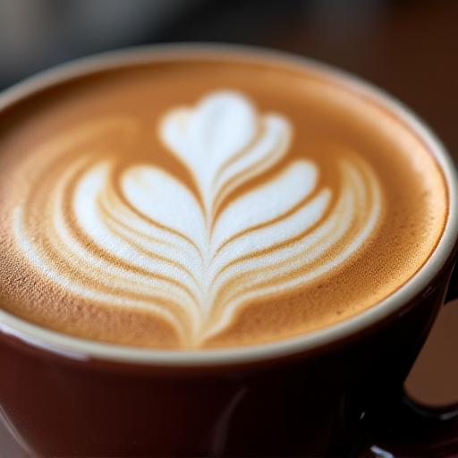 Closeup of intricate latte art on a cappuccino.