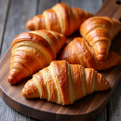 A selection of fresh croissants and pastries on a wooden board.