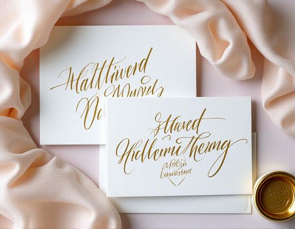 A beautifully hand-lettered wedding invitation suite with gold ink.